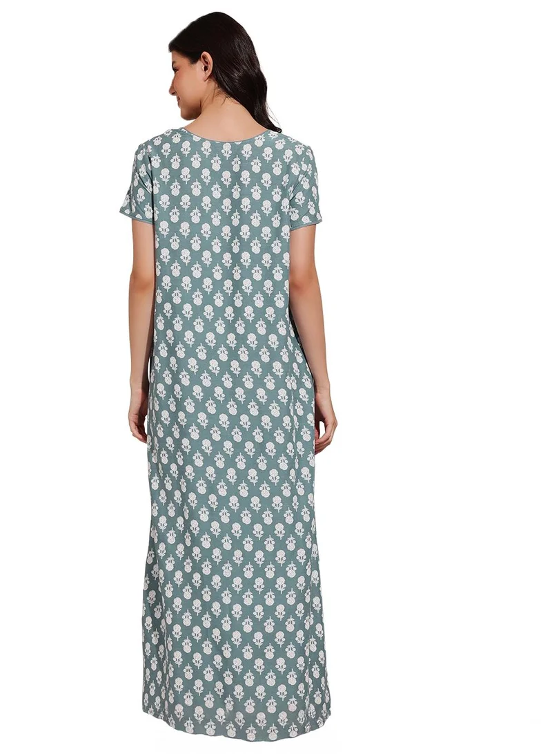 Clovia Grey Floral Print Long Nighty in Light Grey - Rayon for Women | Best Price UAE
